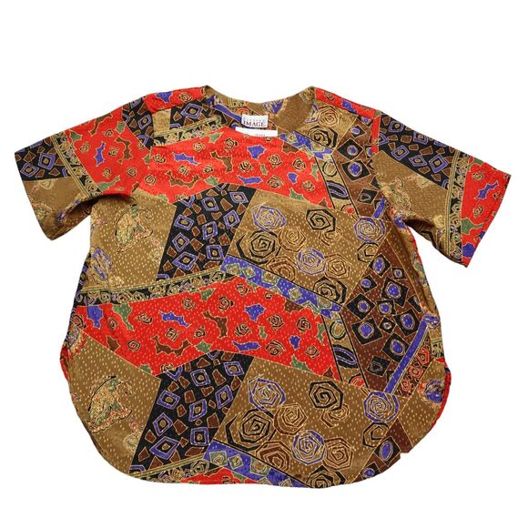 Fitting Image Shirt Womens Multicolor Patchwork Design Round Neck Short Sleeve - Picture 1 of 15